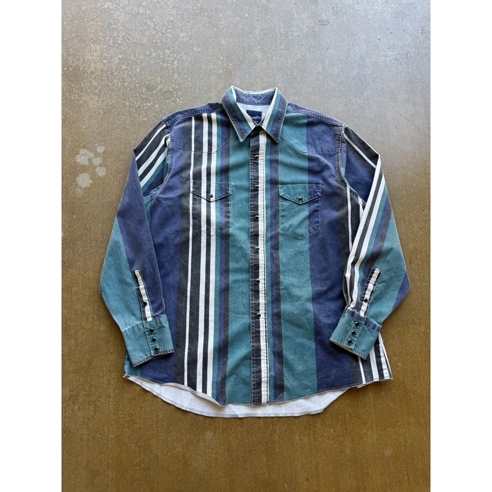 VTG Wrangler Brushpopper Striped Button Up Shirt Water Resistant XL Western USA